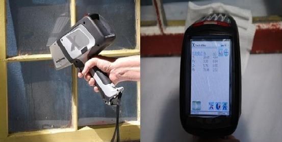 Olympus Innov-X DELTA handheld XRF analyzer testing lead paint on a window and testing a dust wipe for contamination screening.