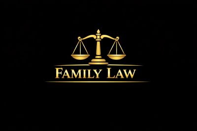 Golden scales and text saying Family Law on black.