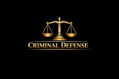 Golden scales of justice with 'Criminal Defense' text on black background.