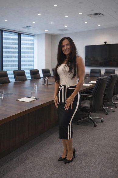 A confident woman posing in a modern conference room with large windows and a long table.