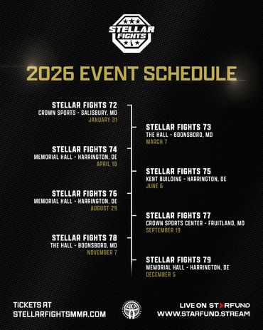 2026 Stellar Fights MMA event schedule with dates and venues.
