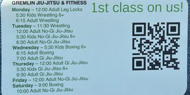 Gremlin Jiu-Jitsu &amp; Fitness weekly class schedule with QR code for more info.