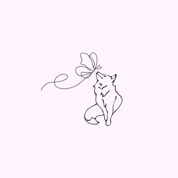 Line drawing of a fox watching a butterfly.