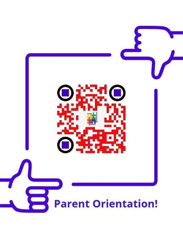 QR code for Parent Orientation with hand icons.