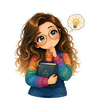 Une fille aux cheveux bouclés tient un livre en réfléchissant.