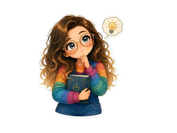 Fille pensive avec un livre et une idée.