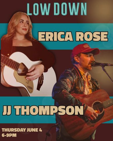 Music event poster featuring Erica Rose and JJ Thompson playing guitars.