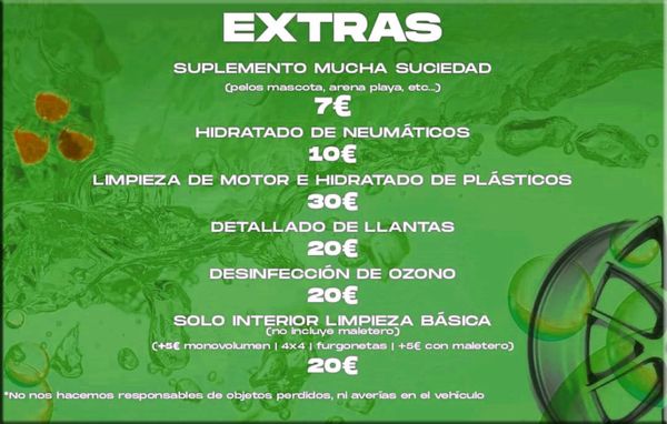Hidratado de neumáticos, limpieza de motor, detallado de llantas y desinfección de ozono