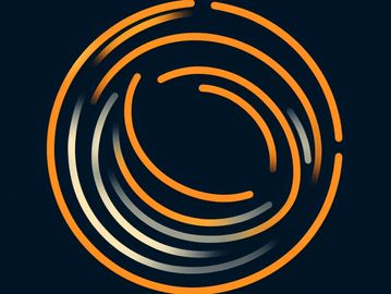 Abstract circular pattern with orange and gray lines on black.