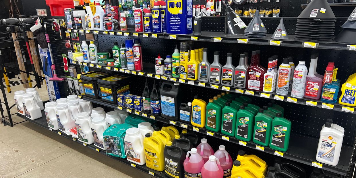 gas cans, oil, chainsaw supplies, windshield wipers, wiper fluid