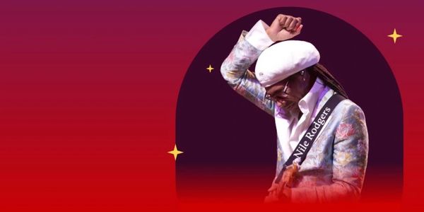a picture of Nile Rogers & CHIC on red background