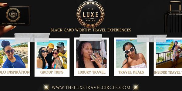 Social media banner for "The Luxe Travel Circle" with a logo and five photos