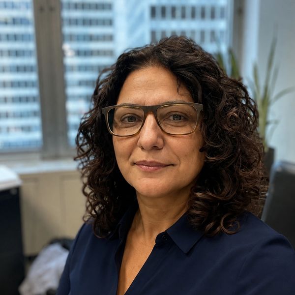 Portrait d'une femme aux cheveux bouclés et lunettes dans un bureau.