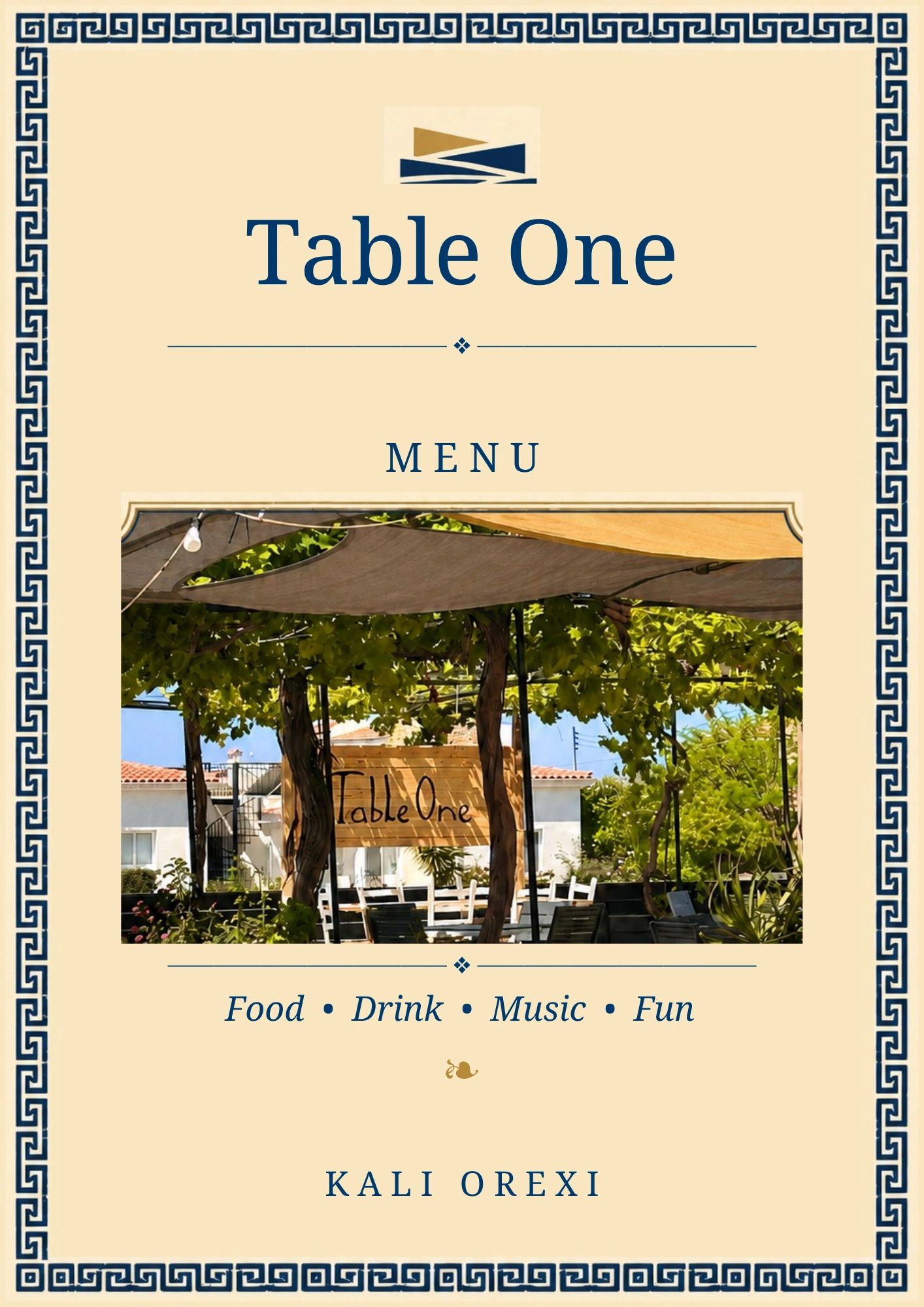 Restaurant menu cover for Table One with Greek design elements.