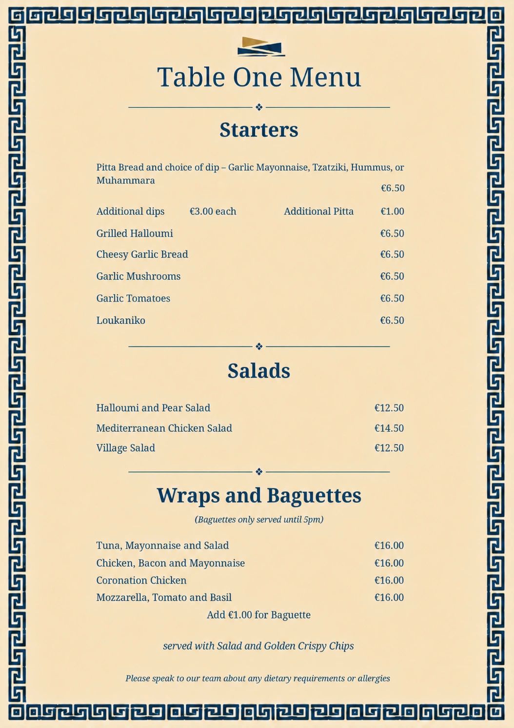 Menu for starters, salads, wraps, and baguettes with prices.