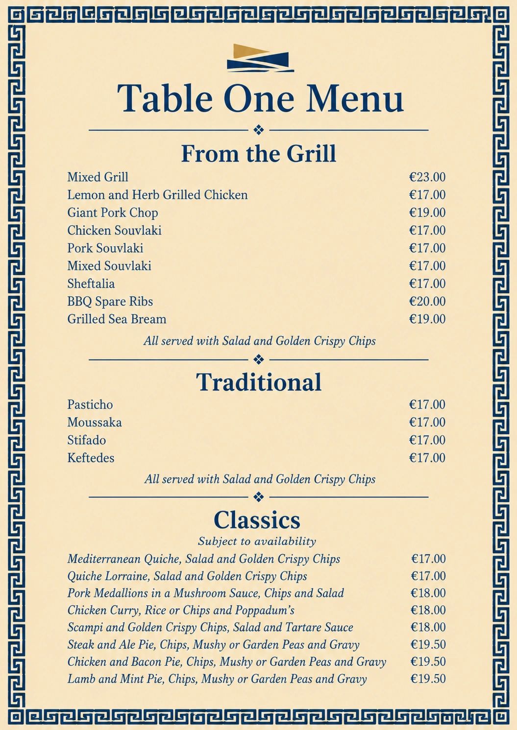 Menu with grill, traditional, and classic dishes with prices in euros.