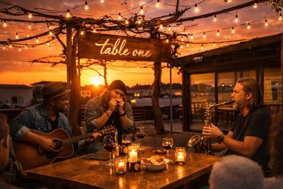Musicians playing guitar, harmonica, and saxophone at sunset under fairy lights.