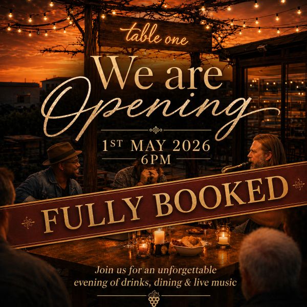 Announcement of a fully booked restaurant opening on May 1, 2026, at 6 PM with drinks, dining, and live music.