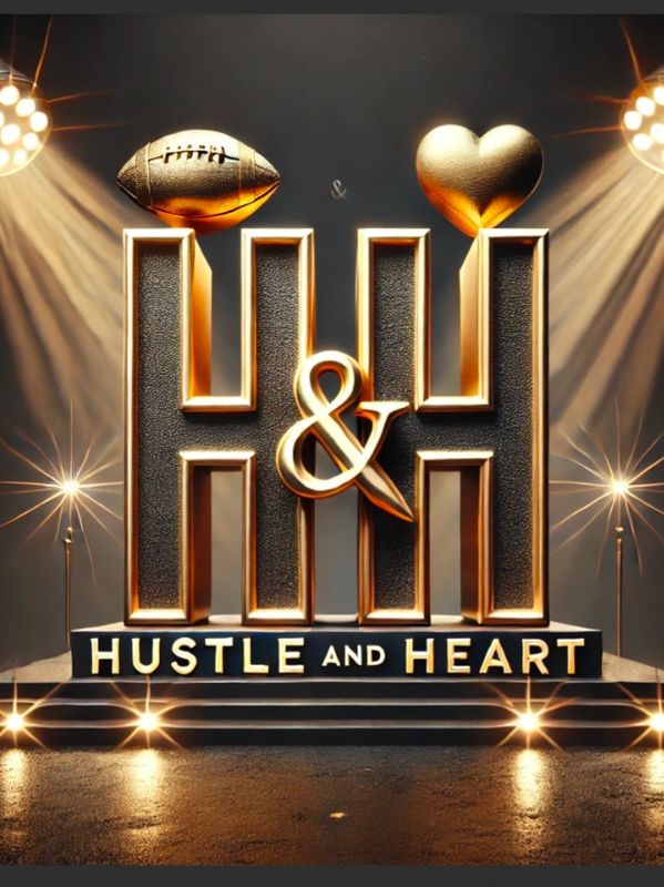 Luxurious gold 'H & H' logo symbolizing Hustle and Heart, featuring a gold football and heart at the top, illuminated by dramatic spotlights. The logo sits on a sleek black pedestal with 'Hustle and Heart' in bold text, surrounded by glowing stage lights. Represents ambition, love, and personal growth—core themes of the Heart and Hustle series.