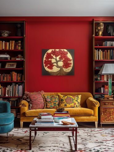 Cozy living room with a mustard sofa, red wall, and vibrant tree artwork.