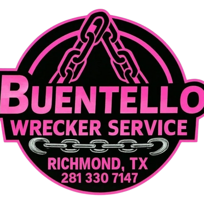 Buentello Wrecker Service logo in pink and black.