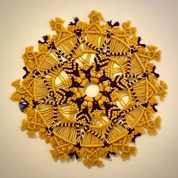 Yellow with purple macrame flower, 20” diameter