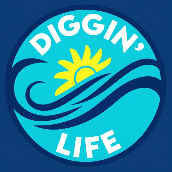 Logo with sun, waves, and text 'Diggin' Life'.