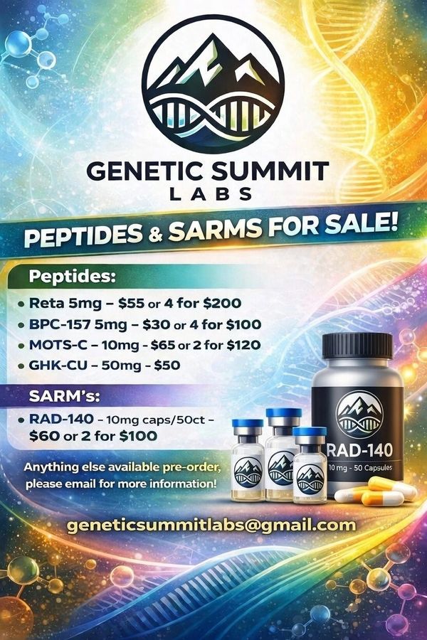 Advertisement for peptides and SARMs by Genetic Summit Labs with pricing details.