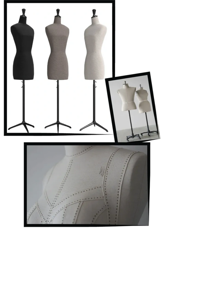 Three dress forms in black, beige, and white with a close-up of detailed stitching.
