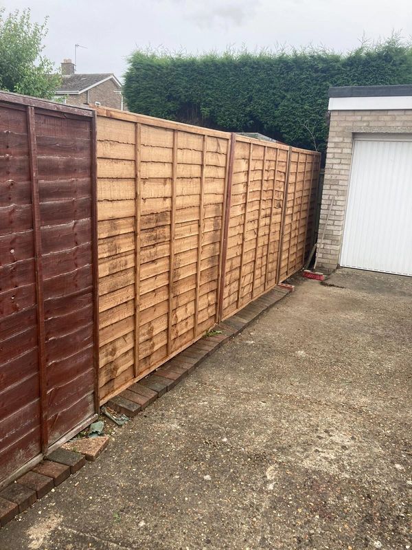 New wooden fence panels installed next to an old brown fence.