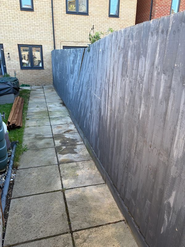 Narrow paved walkway beside a gray wooden fence.
