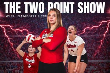 Promotional image for The Two Point Show featuring Campbell Flynn and volleyball players.