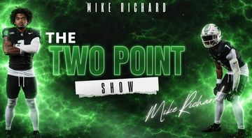 Mike Richard in football gear with 'The Two Point Show' title on green background.