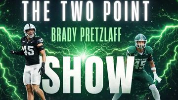 The Two Point Brady Pretzlaff Show featuring two football players with electric green effects.