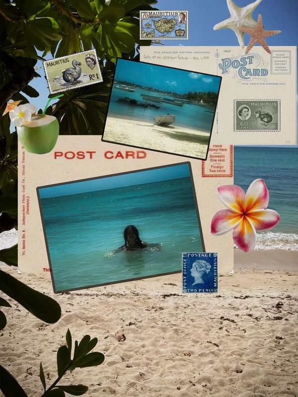 Beach scene collage with postcards, stamps, and tropical elements.