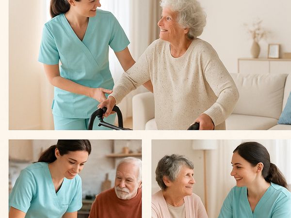 Caregiver assisting elderly with walking and daily activities.