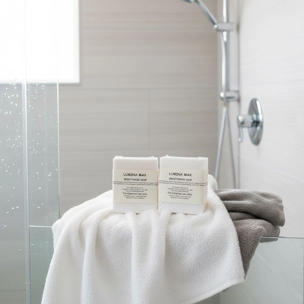 Two bars of Lumina Max soap on towels in a modern bathroom.