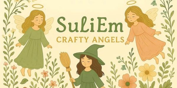 Cute illustration of three crafty angels surrounded by flowers.