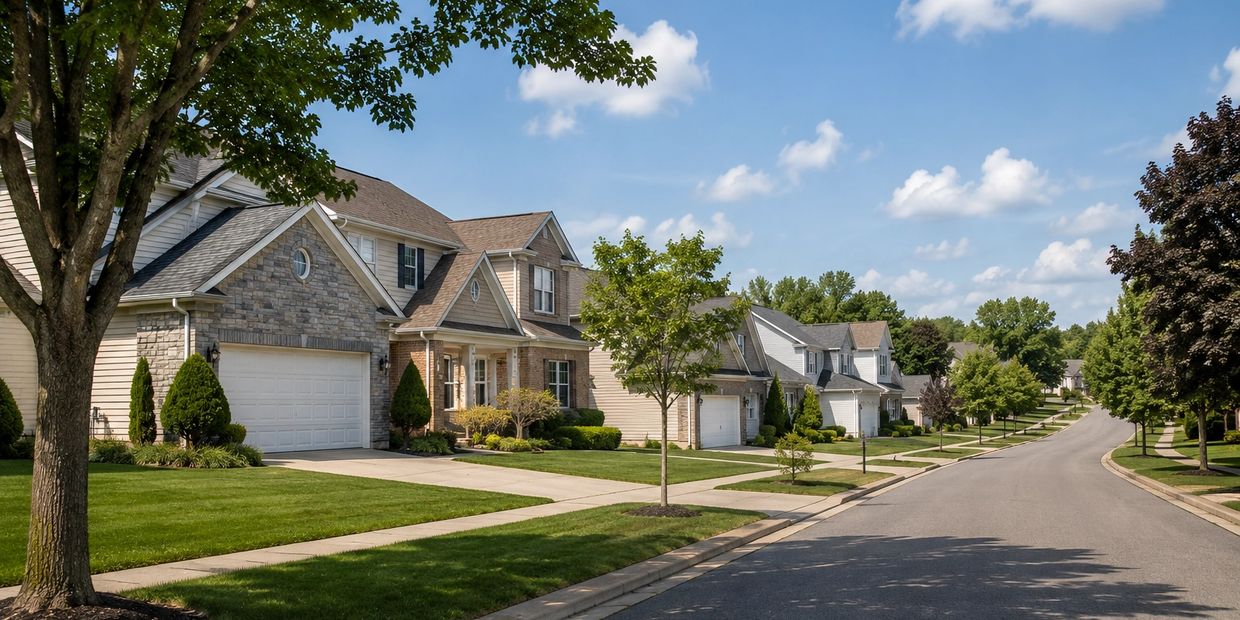 Quiet suburban street with houses and trees.