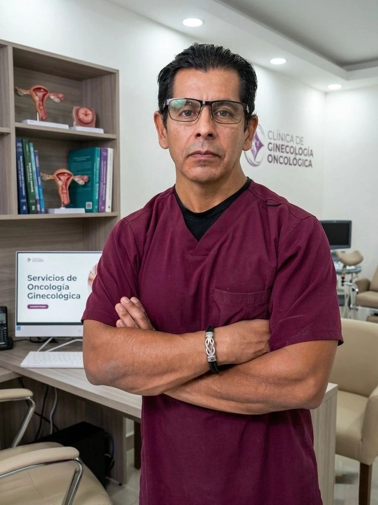 Confident male gynecologic oncology doctor in maroon scrubs in clinic.