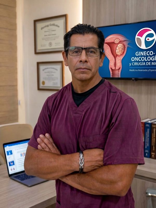 Confident male doctor in maroon scrubs standing in a medical office with a gynecology oncology display.