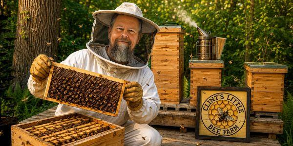 Beekeeper holding a honeycomb frame at a bee farm.