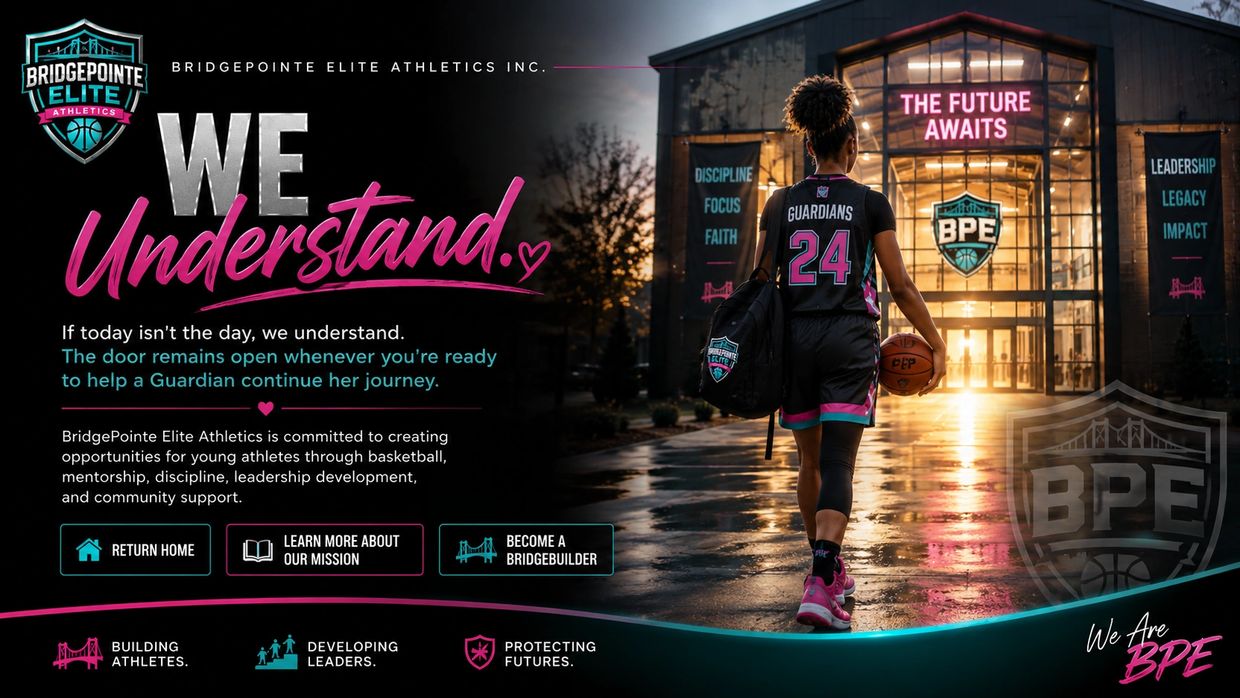 Young female basketball player walking toward a sports facility with motivational banners.