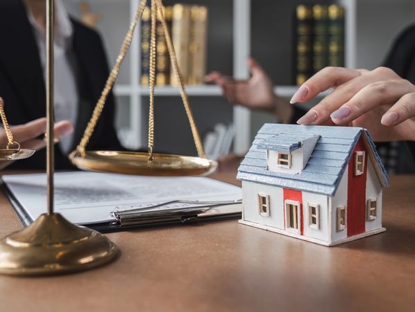 
The image depicts a legal or real estate consultation, with a focus on a model house .