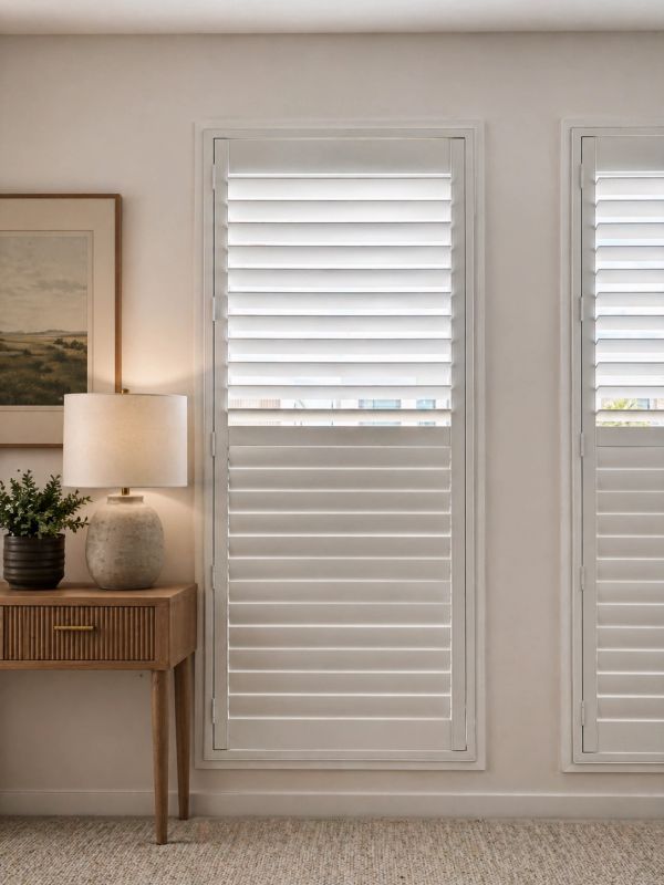 Modern room with wooden side table, lamp, plant, and white plantation shutters on windows.