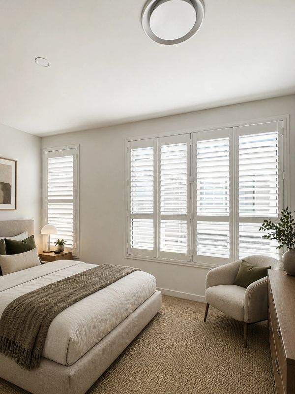 Minimalist bedroom with neutral tones and natural light from shuttered windows.