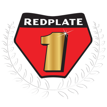 Golden number 1 on red shield with 'REDPLATE' text and laurel wreath.
