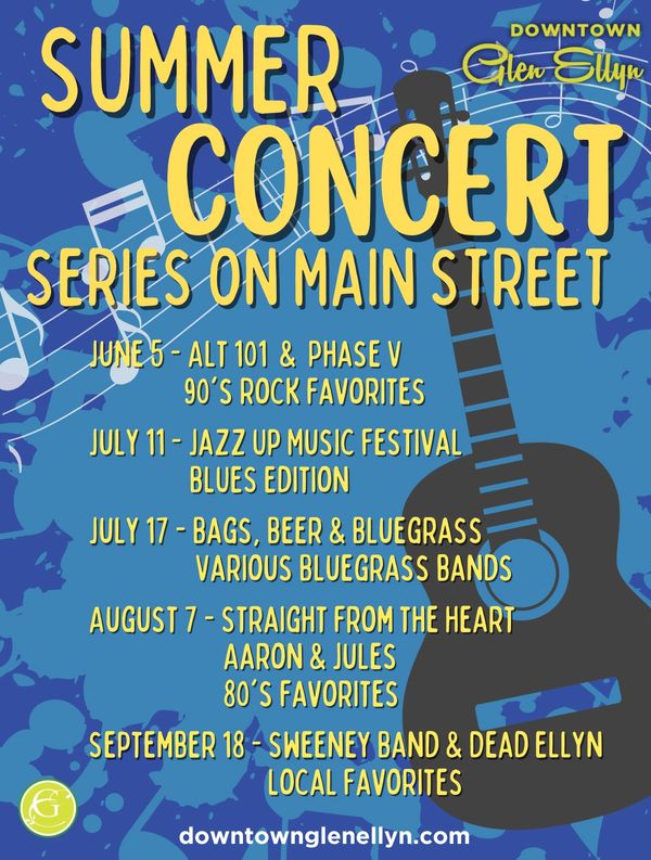 Summer concert series on Main Street in Downtown Glen Ellyn with various music genres.