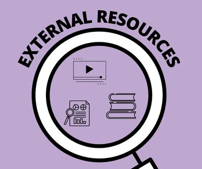 A graphic of a magnifying glass over simply drawn books and graphs, it says external resources above