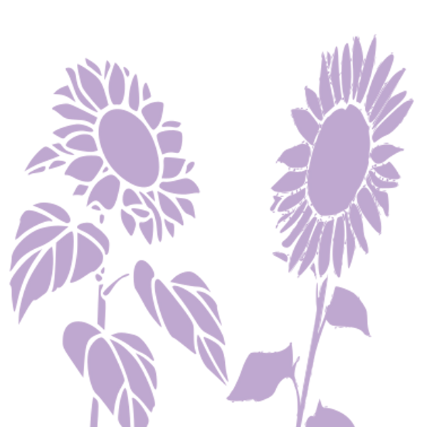 Two purple sunflower graphics facing each other, one has broad leaves, the other a larger flower